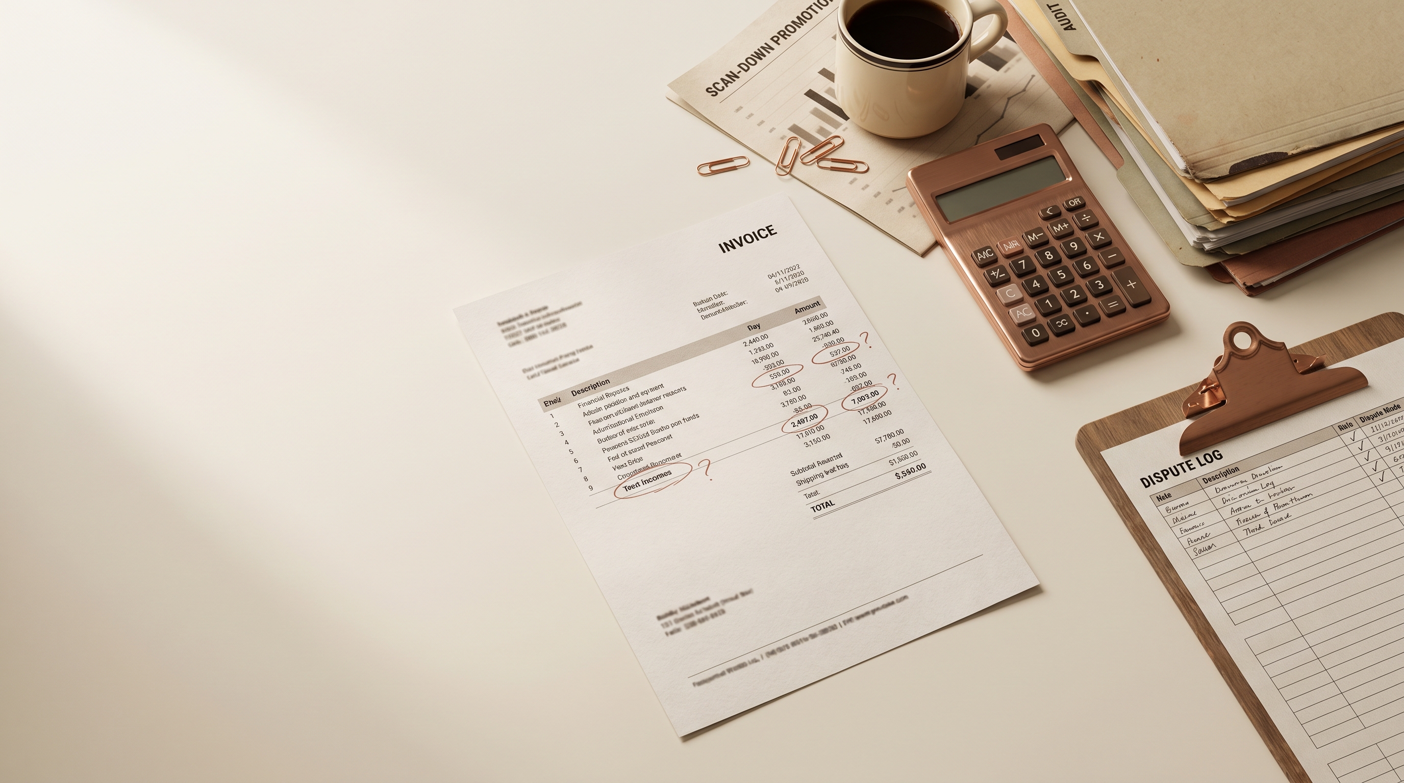 Editorial top-down still life of a printed invoice with red-pen circles, a calculator, and a stack of audit folders on a clean desk.